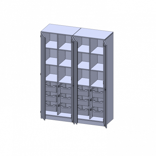 ErgoTray Schrank, zweiteilig, vierreihig, 5 Ordnerhöhen - evo180 Serie B/H/T: 140,6x190x50 cm, viertürig, zweiteilig, mit Sockel (81 mm), mit 2 Mittelwänden, mit 12 hohen ErgoTray Boxen