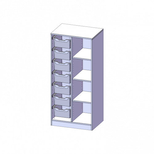ErgoTray Regal, zweireihig, 4 Ordnerhöhen - evo180 Serie B/H/T: 70,3x154x50 cm, mit Sockel (81 mm), rechts 4 Fächer, links 7 hohe ErgoTray Boxen