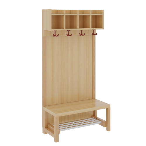 Komplettgarderobe mit einfacher Ablagereihe B/H/T: 80x130x39 cm, 4 Plätze, Sitzhöhe: 34 cm, Stütze mit Paneelrückwand, mit Schuhrost aus Aluminiumrohren