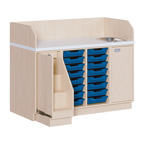 Wickelkommode, dreireihig zuzüglich Waschbecken B/H/T: 143x113x91,5 cm, Ausziehbarer Aufstieg links, 16 Boxen und Waschbecken rechts