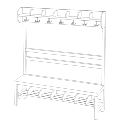 Komplettgarderobe mit offener Ablagereihe B/H/T: 140x130x39 cm, 7 Plätze, Sitzhöhe: 34 cm, offene Stütze in Buche-massiv, Schuhrost aus Aluminiumrohren mit Facheinteilungen