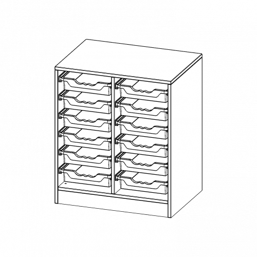 ErgoTray Regal, zweireihig, 2 Ordnerhöhen - evo180 Serie B/H/T: 70,3x82x50 cm, mit Sockel (81 mm), 12 flache ErgoTray Boxen