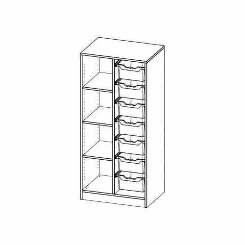 ErgoTray Regal, zweireihig, 4 Ordnerhöhen - evo180 Serie B/H/T: 70,3x154x50 cm, mit Sockel (81 mm), links 4 Fächer, rechts 7 hohe ErgoTray Boxen