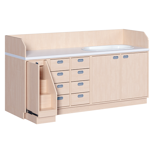 Wickelkommode, dreireihig zuzüglich Badewanne B/H/T: 213x113x91,5 cm, Ausziehbarer Aufstieg links, 8 Schübe und Badewanne rechts