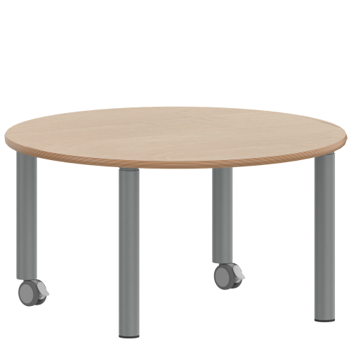 Tisch ZALOTTI mit Schichtstoff-Belag Rundtisch, Durchmesser/H: 100x46 cm, Stahlrohrbeine Ø 60 mm, Fußvariante: fahrbar, Tischbeine mit RAL-Farbe 9006 (weißaluminium)