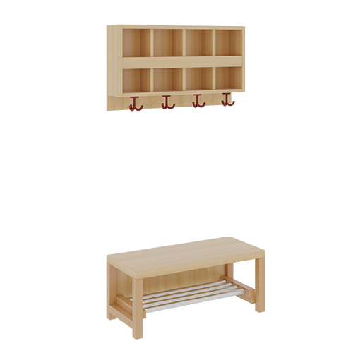 Komplettgarderobe mit doppelter Ablagereihe B/T: 80x35 cm, 4 Plätze, Sitzhöhe: 26 cm, 2teilig ohne Stütze, Ablage zur Wandmontage, mit Schuhrost aus Aluminiumrohren
