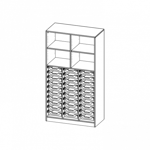 ErgoTray Regal, dreireihig, 5 Ordnerhöhen - evo180 Serie B/H/T: 104,5x190x50 cm, mit Sockel (81 mm), unten 30 flache ErgoTray Boxen, oben 2 Einlegeböden