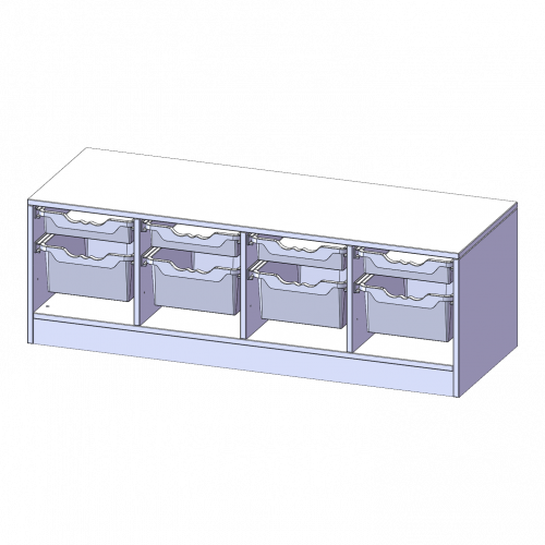 ErgoTray Regal, vierreihig, 1 Ordnerhöhe - evo180 Serie B/H/T: 138,7x46x50 cm, mit Sockel (81 mm), 4 flache und 4 hohe ErgoTray Boxen