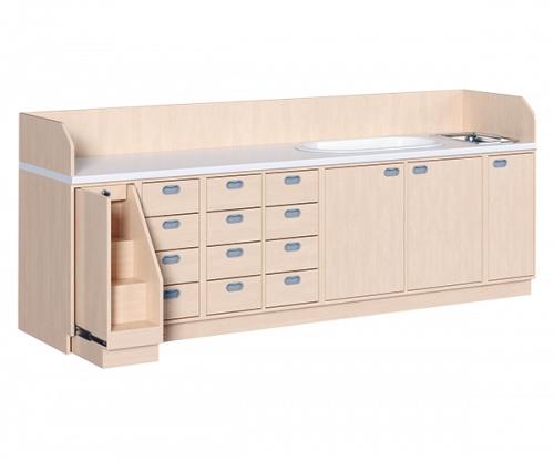 Wickelkommode, vierreihig zuzüglich Badewanne und Waschbecken B/H/T: 285x113x91,5 cm, Ausziehbarer Aufstieg links, 12 Schübe und Badewanne, Waschbecken rechts