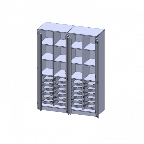 ErgoTray Schrank, zweiteilig, vierreihig, 5 Ordnerhöhen - evo180 Serie B/H/T: 140,6x190x50 cm, viertürig, zweiteilig, mit Sockel (81 mm), mit 2 Mittelwänden, mit 24 flachen ErgoTray Boxen