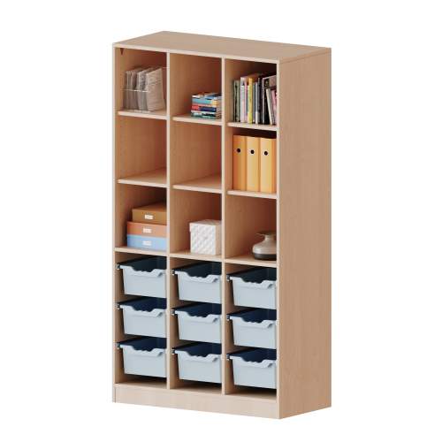 ErgoTray Regal, dreireihig, 5 Ordnerhöhen - evo180 Serie B/H/T: 104,5x190x40 cm, mit Sockel (81 mm) und Mittelwand, unten 9 hohe ErgoTray Boxen, oben 6 Einlegeböden