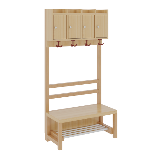 Komplettgarderobe mit Ablagen und Türen B/H/T: 80x158x39 cm, 4 Plätze, Sitzhöhe: 34 cm, offene Stütze in Buche-massiv, mit Schuhrost aus Aluminiumrohren