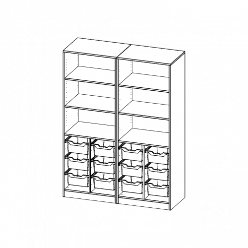 ErgoTray Regal, vierreihig, 5 Ordnerhöhen - evo180 Serie B/H/T: 140,6x190x50 cm, mit Sockel (81 mm), zweiteilig, unten 12 hohe ErgoTray Boxen, oben 4 Einlegeböden