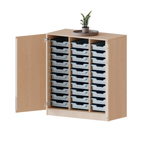 ErgoTray Schrank, dreireihig, 3 Ordnerhöhen - evo180 Serie B/H/T: 104,5x118x50 cm, zweitürig, fahrbar, mit 30 flachen ErgoTray Boxen