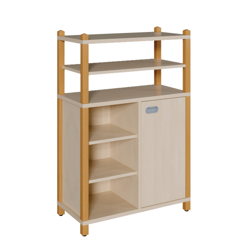 Stollen-Schrank mit einseitiger Tür und 3 offenen Fächern, offener Regalaufsatz B/H/T: 82x120x40 cm, Tür rechts, Regal links, 5 Einlegeböden