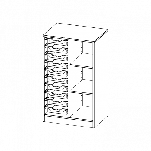 ErgoTray Regal, zweireihig, 3 Ordnerhöhen - evo180 Serie B/H/T: 70,3x118x50 cm, mit Sockel (81 mm), rechts 3 Fächer, links 10 flache ErgoTray Boxen