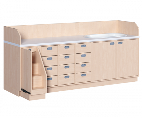 Wickelkommode, vierreihig zuzüglich Badewanne B/H/T: 249x113x91,5 cm, Ausziehbarer Aufstieg links, 12 Schübe und Badewanne rechts