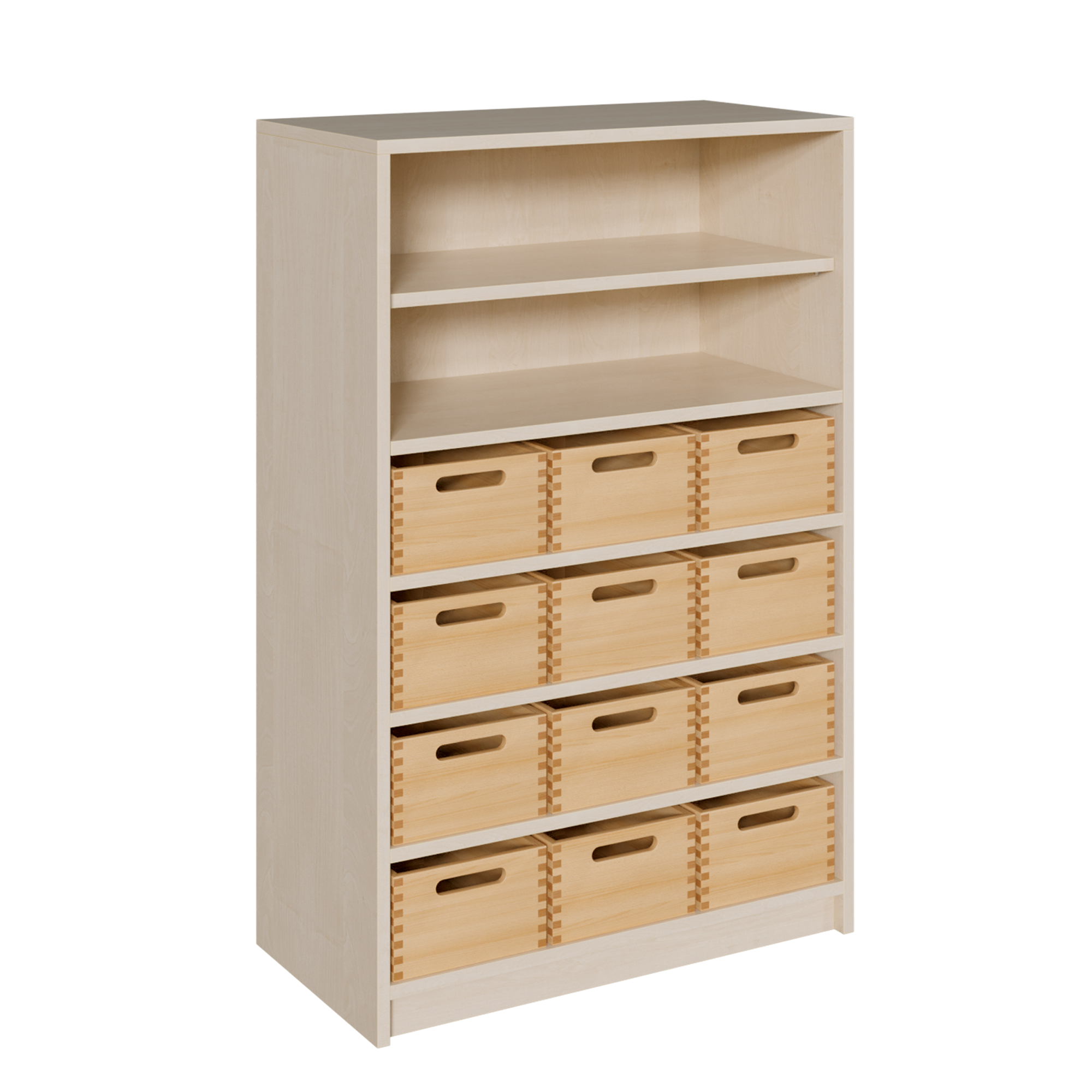 Korpus-Regal mit Materialkästen und offenen Fächern B/H/T: 78x120x40 cm, mit 12 Massivholz-Kästen (ohne Sichtfenster), oben Regal mit 2 Fächern