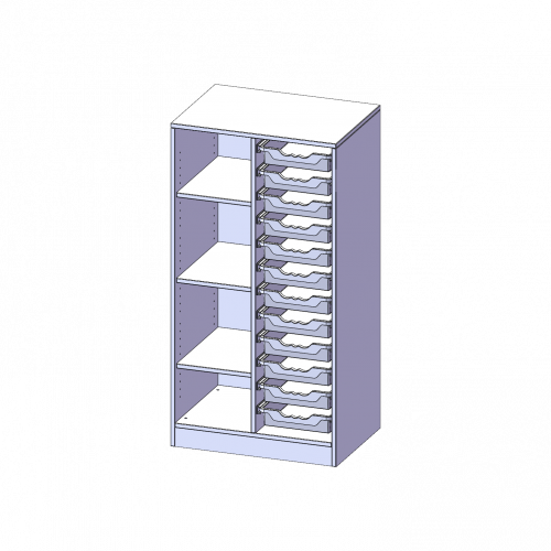 ErgoTray Regal, zweireihig, 3,5 Ordnerhöhen - evo180 Serie B/H/T: 70,3x136x50 cm, mit Sockel (81 mm), links 4 Fächer, rechts 12 flache ErgoTray Boxen