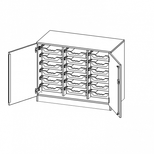 ErgoTray Schrank, dreireihig, 2 Ordnerhöhen - evo180 Serie B/H/T: 104,5x82x50 cm, zweitürig, mit Sockel (81 mm), mit 18 flachen ErgoTray Boxen