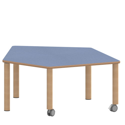 Tisch ZALOTTI mit Linoleum-Belag Fünfecktisch-klein, B/H/T: 121x41x110 cm, Massivholzbeine Ø 60 mm, Fußvariante: fahrbar