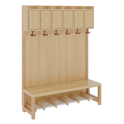 Komplettgarderobe mit Ablagen und Türen B/H/T: 120x158x39 cm, 6 Plätze, Sitzhöhe: 42 cm, Stütze mit Paneelrückwand, Schuhrost aus Aluminiumrohren mit Facheinteilungen