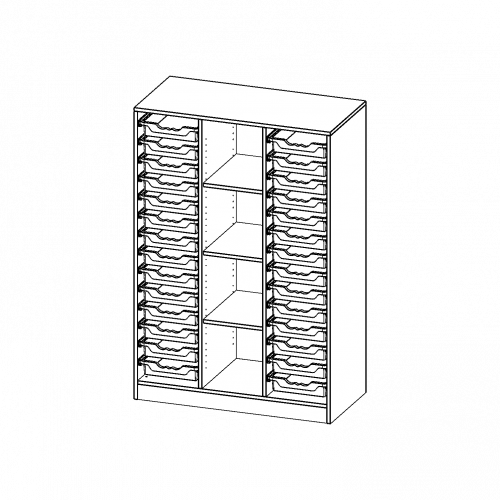 ErgoTray Regal, dreireihig, 4 Ordnerhöhen - evo180 Serie B/H/T: 104,5x154x50 cm, mit Sockel (81 mm), rechts und links je 14 flache ErgoTray Boxen, 4 Fächer in der Mitte