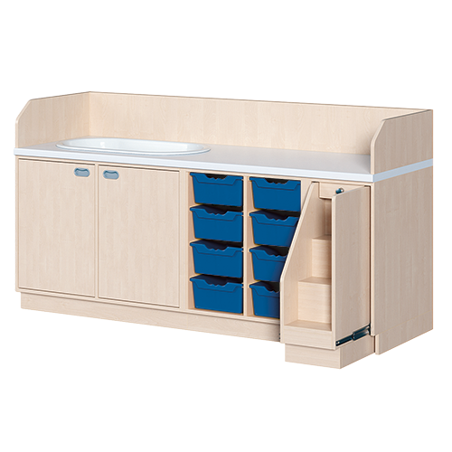 Wickelkommode, dreireihig zuzüglich Badewanne B/H/T: 213x113x71,5 cm, Ausziehbarer Aufstieg rechts, 8 Boxen und Badewanne links