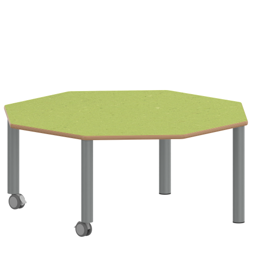 Tisch ZALOTTI mit Linoleum-Belag Achtecktisch, B/H/T: 120x25x120 cm, Stahlrohrbeine Ø 60 mm, Fußvariante: fahrbar, Tischbeine mit RAL-Farbe 9006 (weißaluminium)