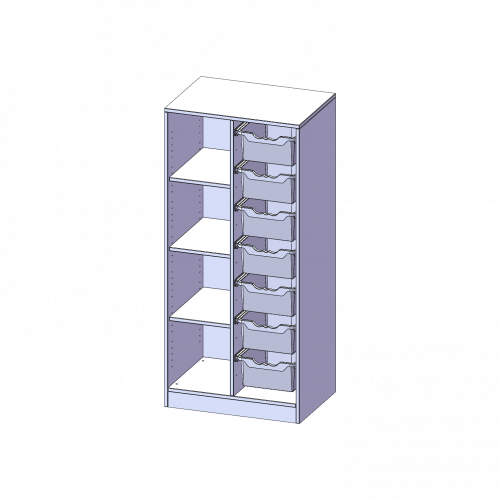 ErgoTray Regal, zweireihig, 4 Ordnerhöhen - evo180 Serie B/H/T: 70,3x154x50 cm, mit Sockel (81 mm), links 4 Fächer, rechts 7 hohe ErgoTray Boxen