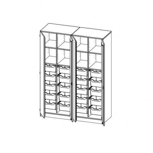 ErgoTray Schrank, zweiteilig, vierreihig, 5 Ordnerhöhen - evo180 Serie B/H/T: 140,6x190x50 cm, viertürig, zweiteilig, mit Sockel (81 mm), mit 2 Mittelwänden, mit 20 hohen ErgoTray Boxen