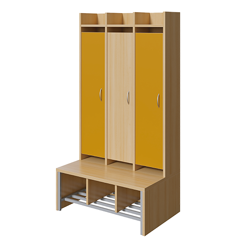 Spindgarderobe, hohe Tür B/H/T: 83x160x55 cm, 3 Plätze, Türen links, Bank aus feuerhemmendem Material, Schuhrost, 3fach-Haken