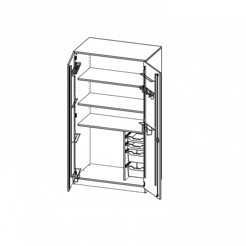 Musikschrank, 5 Ordnerhöhen - Serie evo180 B/H/T: 104,5x190x60 cm, Türen mit Instrumentenhalterungen, mit 4 ErgoTray Boxen, mit Sockel (81 mm)