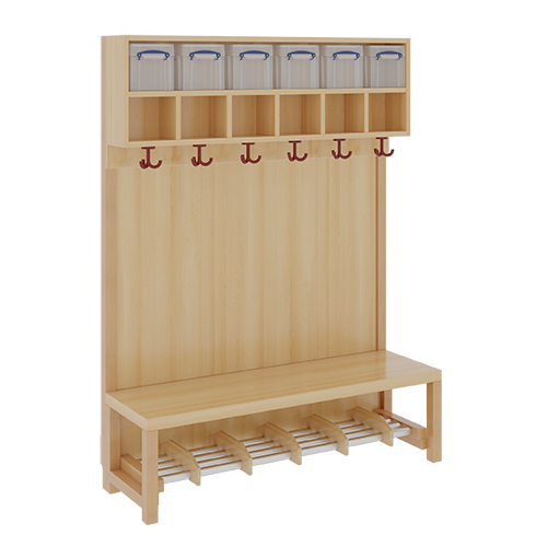 Komplettgarderobe mit doppelter Ablagereihe inklusive Boxen B/H/T: 120x158x39 cm, 6 Plätze, Sitzhöhe 42 cm, Stütze mit Paneelrückwand, Alurohr-Schuhrost mit Trennungen