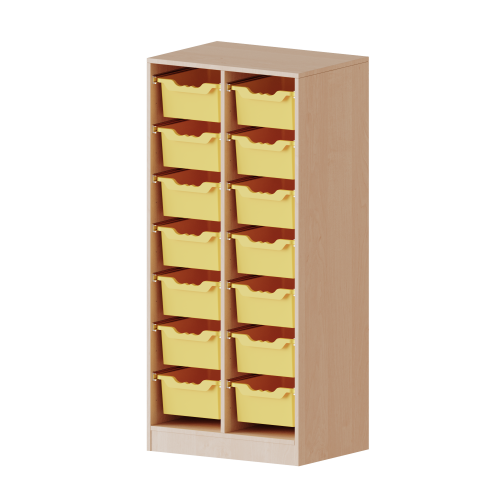 ErgoTray Regal, zweireihig, 4 Ordnerhöhen - evo180 Serie B/H/T: 70,3x154x40 cm, mit Sockel (81 mm), 14 hohe ErgoTray Boxen