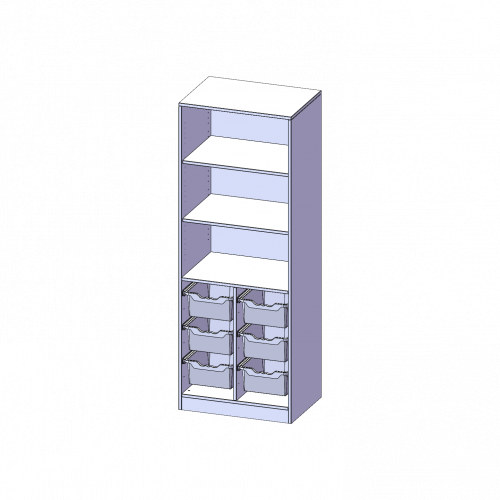 ErgoTray Regal, zweireihig, 5 Ordnerhöhen - evo180 Serie B/H/T: 70,3x190x50 cm, mit Sockel (81 mm), unten 6 hohe ErgoTray Boxen, oben 2 Einlegeböden