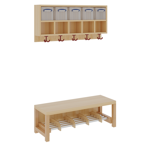 Komplettgarderobe mit doppelter Ablagereihe inklusive Boxen B/T: 100x35 cm, 5 Plätze, Sitzhöhe 26 cm, 2teilig ohne Stütze, Ablage zur Wandmontage, Alurohr-Schuhrost mit Trennungen