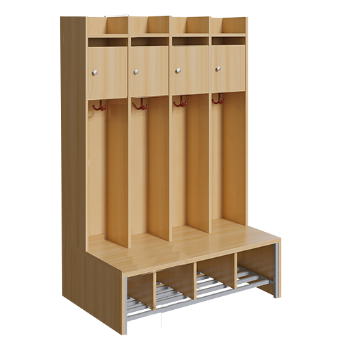 Spindgarderobe, kleine Tür B/H/T: 110x160x55 cm, 4 Plätze, Türen rechts, Bank aus feuerhemmendem Material, Schuhrost, 3fach-Haken