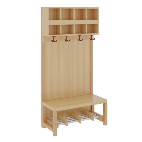 Komplettgarderobe mit doppelter Ablagereihe B/H/T: 80x158x39 cm, 4 Plätze, Sitzhöhe 34 cm, Stütze mit Paneelrückwand, Schuhrost aus Aluminiumrohren mit Trennungen