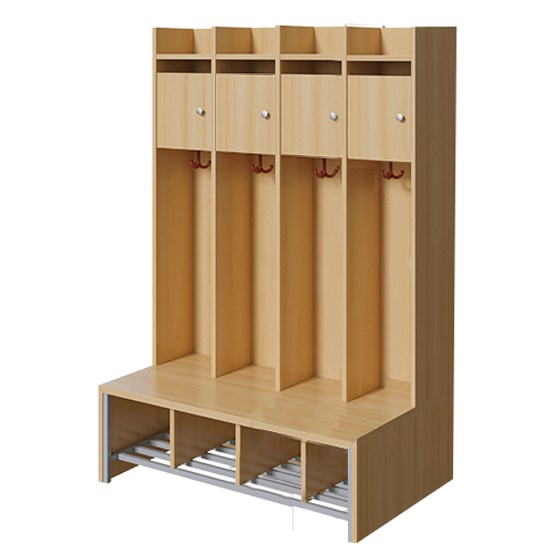 Spindgarderobe, kleine Tür B/H/T: 110x160x55 cm, 4 Plätze, Türen links, Bank aus feuerhemmendem Material, Schuhrost, 3fach-Haken