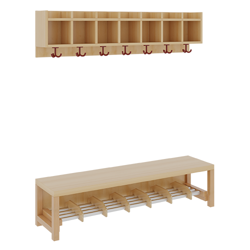 Komplettgarderobe mit einfacher Ablagereihe B/T: 140x35 cm, 7 Plätze, Sitzhöhe 34 cm, 2teilig ohne Stütze, Ablage zur Wandmontage, Alurohr-Schuhrost mit Trennungen