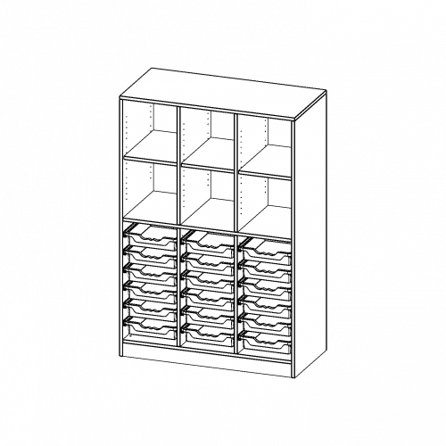 ErgoTray Regal, dreireihig, 4 Ordnerhöhen - evo180 Serie B/H/T: 104,5x154x50 cm, mit Sockel (81 mm), unten 18 flache, oben 6 Fächer