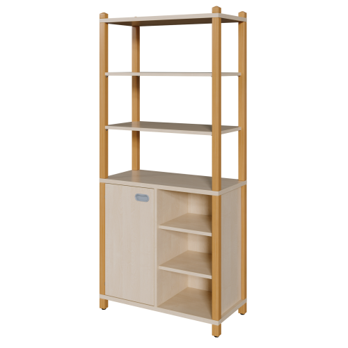 Stollen-Schrank mit einseitiger Tür und 3 offenen Fächern, hoher offener Regalaufsatz B/H/T: 82x180x40 cm, Tür links, Regal rechts, 6 Einlegeböden hoher Regalaufsatz mit 3 Fächern
