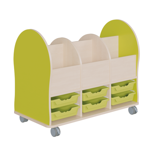 Bücherwagen Leseratte Midi B/H/T: 110x86x55 cm, Bücherwagen mit 6 Fächern, 6 flache Ergo Tray Boxen, gerundete Seitenwangen