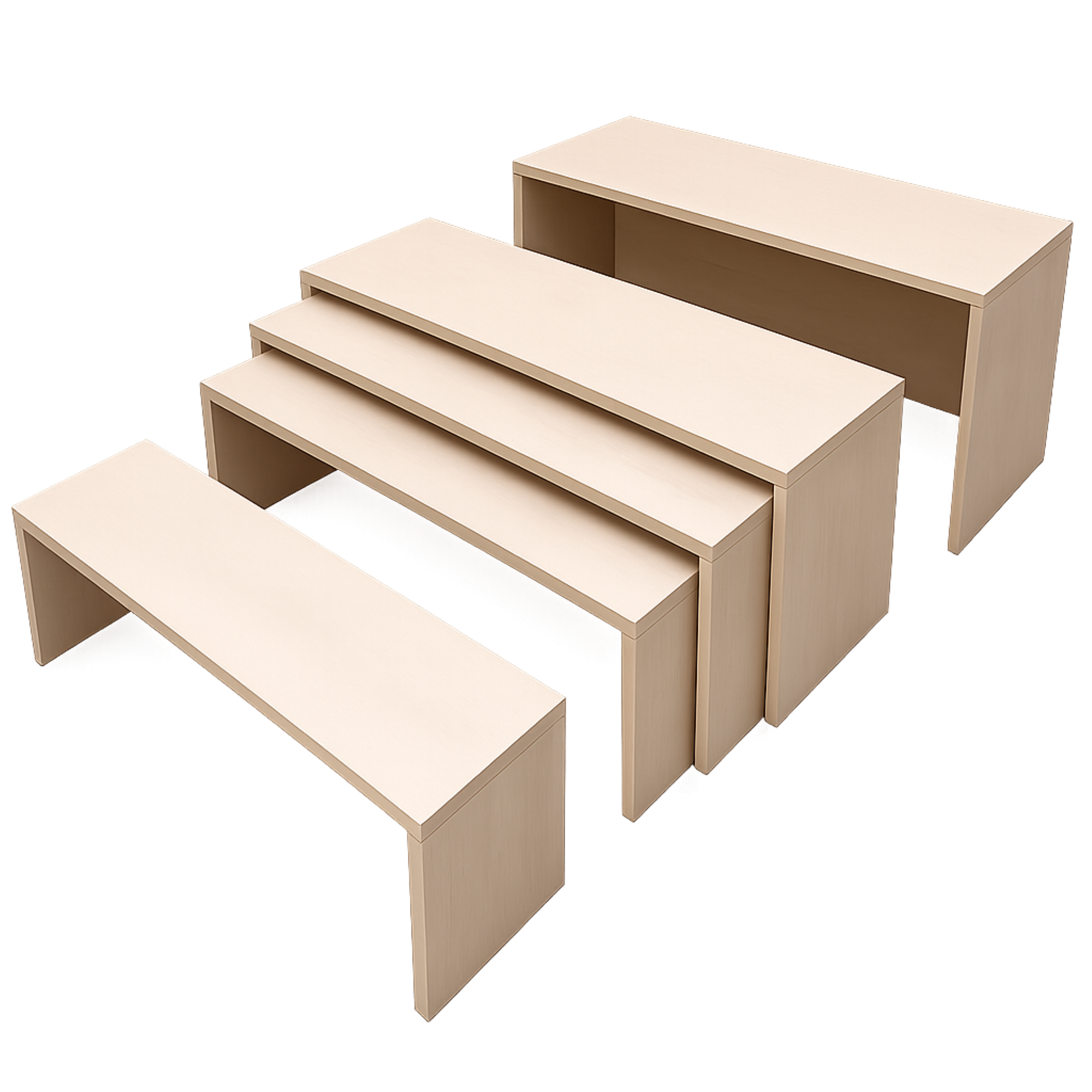 Set aus 3 untereinander schiebbaren Sitzbänken mit stabilen 25-mm-Sitzplatten B/H/T der Bank-Einzelmaße: 105x40x32,5 // 100x35x30,0 // 95x30x27 cm
