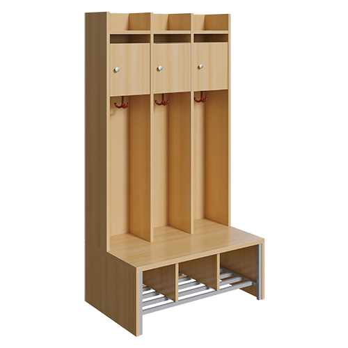 Spindgarderobe, kleine Tür B/H/T: 83x160x55 cm, 3 Plätze, Türen rechts, Bank aus feuerhemmendem Material, Schuhrost, 3fach-Haken