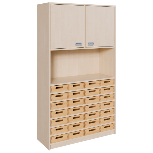 Korpus-Kombischrank mit Materialkästen und 2 Türen B/H/T: 102x180x40 cm, unten 28 Massivholz-Kästen, oben 2 Türen und 4 Fächer; mittig großes Regalfach