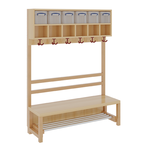 Komplettgarderobe mit doppelter Ablagereihe inklusive Boxen B/H/T: 120x158x39 cm, 6 Plätze, Sitzhöhe: 34 cm, offene Stütze in Buche-massiv, mit Schuhrost aus Aluminiumrohren