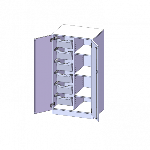 ErgoTray Schrank, zweireihig, 3,5 Ordnerhöhen - evo180 Serie B/H/T: 70,3x136x50 cm, zweitürig, mit Sockel (81 mm), mit 6 hohen ErgoTray Boxen