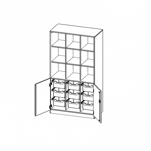 ErgoTray Kombi-Schrank, dreireihig, 5 Ordnerhöhen - evo180 Serie B/H/T: 104,5x190x50 cm, unten 2 OH Türen und 9 hohe ErgoTray Boxen, oben 3 OH Regal, Sockel, 2 Mittelwände